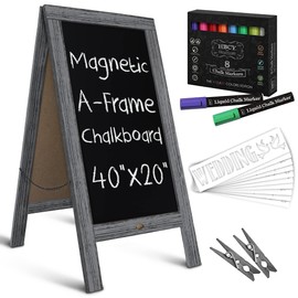 A Frame Chalkboard with Chalk Markers by HBCY Creations: 40x20 Solid Wood A-Frame Sign Gray Double-Sided Magentic Menu Board, Deluxe Set includes 8 Chalk Markers, 10 Stencils, 2 Magnets