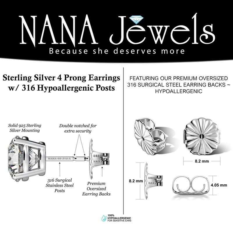 NANA Jewels Round CZ Stud Earrings SS316 Surgical Steel &