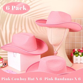Coume 12 Pcs Adult Cowboy Hat for Women and Men Western Cowgirl Hats with Adjustable Drawstring and Cowboy Party Paisley Bandana(Pink) One Size