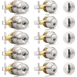 Probrico 5 Pack -Brushed Nickel Entry Knob and Single Cylinder Deadbolts, Keyed Alike Entry Handleset for Front Entrance Door