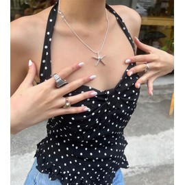 Women Polka Dot Halter Top Y2k Tie Back Sweetheart Neck Smocked Ruffle Sleeveless Crop Tank Top Vintage Streetwear (Black, S)