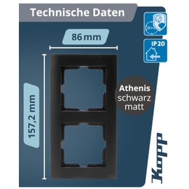 Kopp ATHENIS Double Cover Frame in Matt Black, 86 x 157 x 9.5 mm, Frame for Sockets and Switches, Elegant Plastic Socket Frame, High-Quality Light Switch Frame