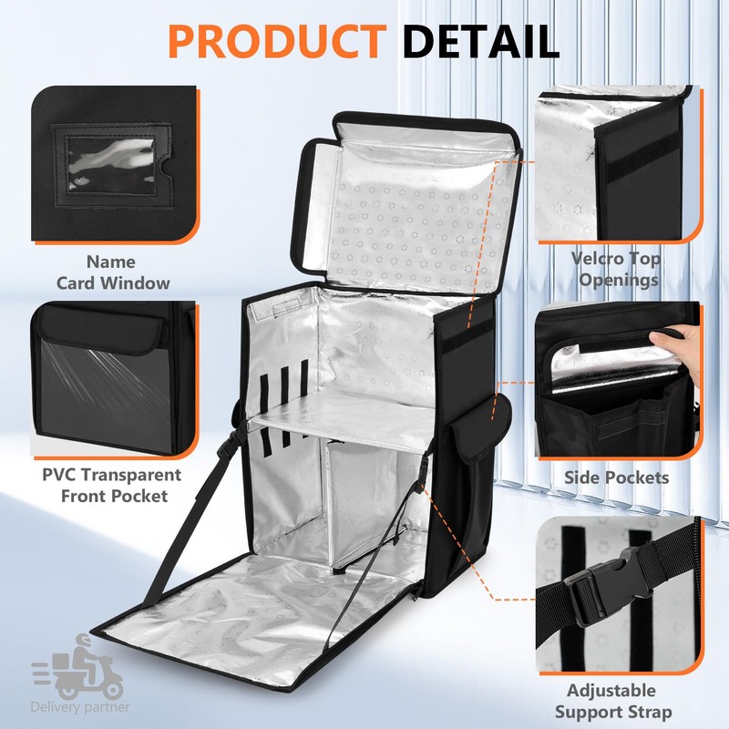 Insulated Food Delivery Backpack, Insulated Bag with Removable Divider, Reflective