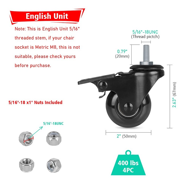 Hirate Threaded Stem Casters 5/16" with Brake, Set of 4
