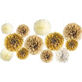 Tissue Paper Pompoms Gold, Paper Flower Gold Colour Gradient Polka Dots for Wedding, Birthday, Party (Pack of 12)