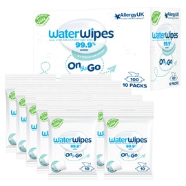 WaterWipes Travel Wipes, 100 Wipes (10 Packs), 99.9% Water-based Wet Wipes, Ideal for Travel, Face and Body