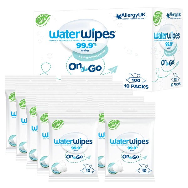 WaterWipes Travel Wipes, 100 Wipes (10 Packs), 99.9% Water-based Wet