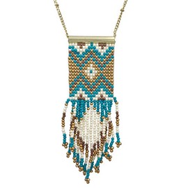 Gypsy Jewels Long Tribal Aztec Navajo Indian Southwest Tassel Fringe Multi Color Seed Bead Statement Gold Tone Chain Necklace (Aqua Blue Brown)