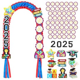 Juexica Class of 2025 Kindergarten Graduation Ribbon Leis with Alphabetic Cards Number 2025 Stickers Decorative Cards DIY Braided Necklace Making Kit for Kindergarten Graduation Gift(Red, Blue)