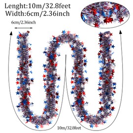 FOIMAS 4th of July Patriotic Tinsel Garland Decoration,33 Ft Garland Hanging Supplies Star Glitter Foil Strip for Tree Home Holiday Party Supplies