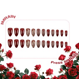 IMRAIN Red Press on Nails Medium Almond Fake Nails with Glitter Design Glossy Gold Sequins False Nails Solid Color Glue on Nails Full Cover Burgundy Artificial Stick on Nails for Women Girls
