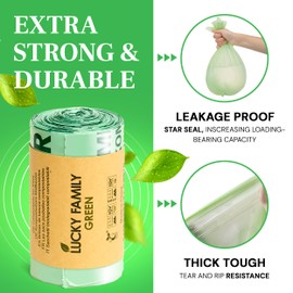 Lucky Family Green Compost Bags for Kitchen Countertop Bin -1.3 gallon trash bags to 1.6 Gallon trash bags - 100% Compostable Trash Bags for Food Waste, Organic Biodegradable Bags
