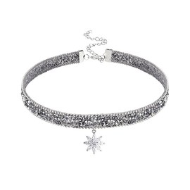 Deelfel Women's Choker Necklace, Octagonal Star Pendant, Crystal, Black, Glitter, Wood, Vintage Style, Party, Formal, Stainless Steel
