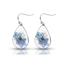 Flower Teardrop Earrings, Forget Me Not Flower Earrings Flower Earrings Dangle Elegant Sweet Pressed Flower Earrings Teardrop Earrings Jewelry for Women Girls (Silver)