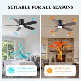 52 Inch Ceiling Fan with Light and Remote, Modern Black Ceiling Fan Flush Mount, 3 Color Temperatures 6 Fan Speeds Timer Silent Reversible DC Motor for Patio Farmhouse Bedroom Garage Dining room