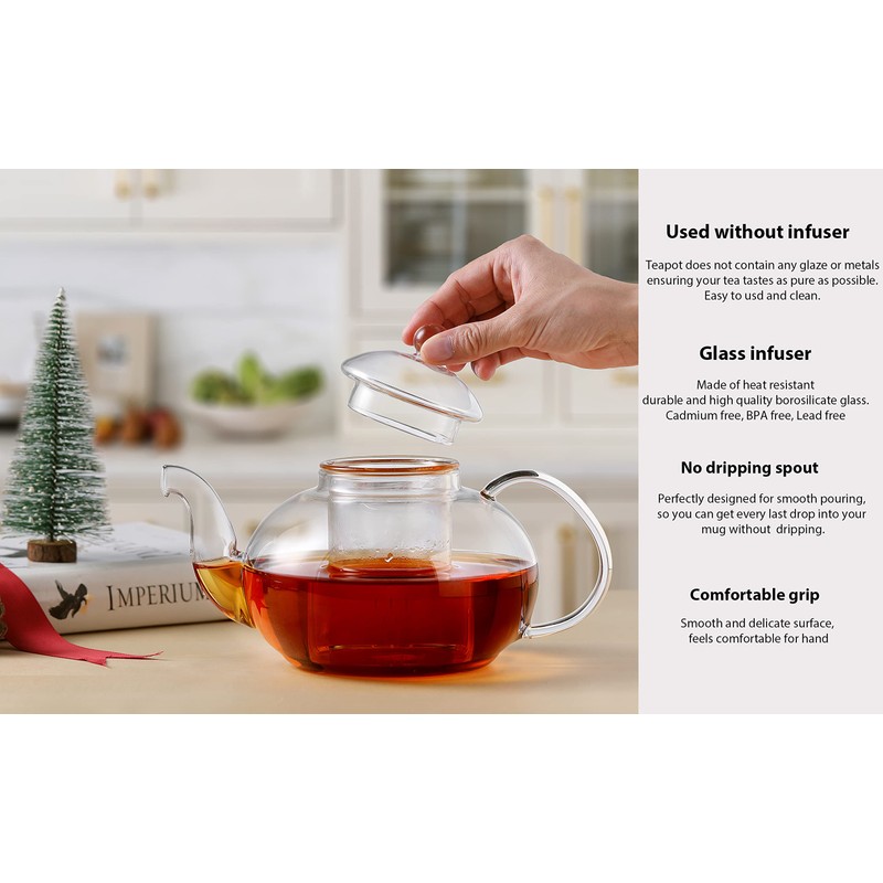 CnGlass 33.8oz Glass Teapot with Removable Infuser,Stovetop Safe Tea Kettle,Blooming