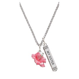 Delight Jewelry Silvertone Hot Pink Hibiscus Flower Silvertone Always My Sister Bar Charm Necklace, 23"