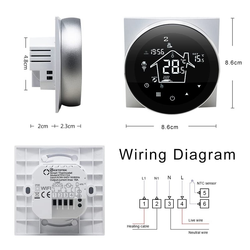KETOTEK Smart Electric Underfloor Heating Thermostat WiFi 16A with Sensor