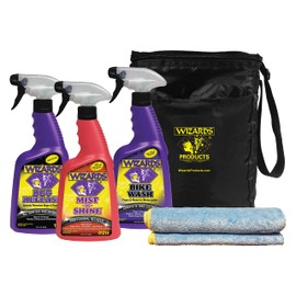Wizards Motorcycle Cleaning Kit - Bike Wash Foam and Rinse, Quick Detailer Spray, and Bug Remover with Fiber Cloth and Detailing Bag - Portable Motorcycle Wash Kit with Accessories