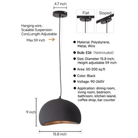 DARYEWO Wabi Sabi Pendant Light Fixture for Kitchen Island Dining Room,Japanese Style Bird Nest Shape Hanging Lamp for,Black,15.8 Inch