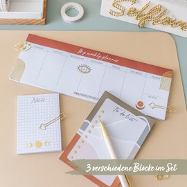 Papierdrachen Weekly Planner - 3 Writing Pads for Notes and To Do List - Daily Planner Boho - Ideal for School, Work, University and Household - 10.5 x 29.7 cm | DIN A6 | DIN A7 - Set 6