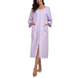 COLORFULLEAF Women's 100% Cotton Robes Zip up Dressing Gowns Lightweight Summer 3/4 Sleeve Full Length Housecoat Bathrobe (PU,M)