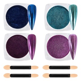 Chrome Nail Powder, 4 Colors Blue Series Nail Chrome Powder - Mirror Effect Metallic Glitter Powder Kit for Nail Art Decoration, Resin Craft etc. (1g/Jar)