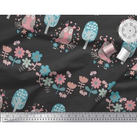 Soimoi Black Cotton Duck Fabric Floral,Tree & Owl Kids Printed Craft Fabric BTY 42 Inch Wide