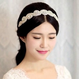 Elegent Handmade Bridal Headbands Crystal Rhinestone Wedding Belt Beads Strips Bridal Wedding Headwrap Bride Accessory Hair Head Band with Ribbon (Silvery, One size)