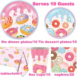 Donut Party Supplies-Complete Pack Donut Party Tableware Donut Party Plates Cups Napkins Tablecloth for Donut Girls Birthday Wedding Baby Shower Party Decorations