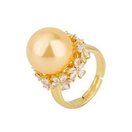 Kokoma Elegant Pearl Statement Ring for Women Gold Plated Crystal Flower Promise Engagment Ring Wedding Band Adjustable Eternity Rings Delicate Jewelry