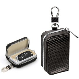 Aczyqws Leather Car Key Fob Case Holder for Men and Women, Car Smart Keychain Protector Cover Carbon Fiber Car Key Holder Zipper Bags Black, Car