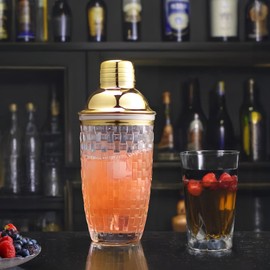 4 Pcs Gold Woven Glass Cocktail Shaker Set, Includes Cocktail Glass, Stirrer, Ice Crasher, and Measuring Cup, 400ml Capacity, Stylish Diamond Pattern Design for Professional and Home Bartenders