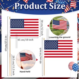 Pack of 12, Handheld American Flags 12x18 Inch - USA Flags on Wooden Sticks, Detachable Flagpole Ground US Stick Flags for Patriotic Parades, Elections, 4th of July, and Memorial Day Decorations