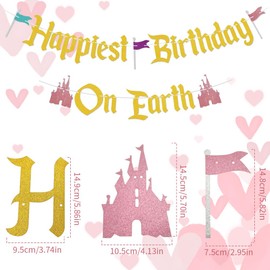 Happiest Birthday On Earth Banner Castle Theme Hanging Decoration Funny Princess Castle Party Decoration Gold Glitter Sparkly Birthday Supplies for Baby Shower