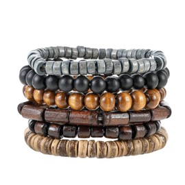 GAUEIOUR 6Pcs Mens Beaded Bracelet Multi-Layer Wooden Beads Wrist Gothic Adjustable Elastic Natural Retro Punk Meditation Prayer Cuff Wrap Bangle Jewelry Set