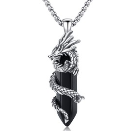OHAYOO Dragon / Tiger Necklace Men's 925 Sterling Silver Dragon / Tiger Pendant Chain Obsidian / Tiger's Eye Chain Viking Chain Dragon Jewellery Gift for Men Women, Sterling Silver Obsidian, Obsidian