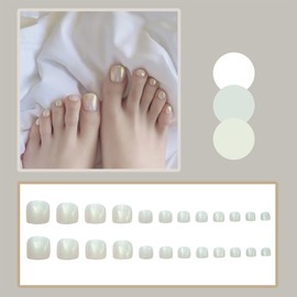 Boloshine False Toenail Short, 24 Pcs Square French Fake Toe Nails Tips Acrylic Press on Toenails, Full Cover Glossy Stick on Toenails, Natural Glue-on Toe Nail Kit for Women and Girls - Winter Snow