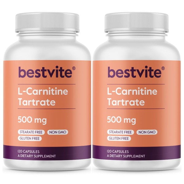 BESTVITE L-Carnitine Tartrate 500mg per Capsule (240 Capsules)(120x2) - No Stearates - Non GMO - Gluten Free