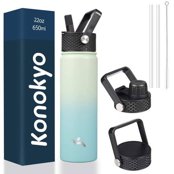 Konokyo Insulated Water Bottle with Straw,22 oz 3 Lids Metal