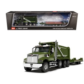 DCD Western Star 49X Truck 1/64 Diecast Model Green Metallic with Ox Bodies Dump & Beaver Tail Trailer DCP/First Gear