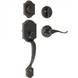 Front Door Handle and Deadbolt Set, Front Door Lock Set, Exterior Door Handle with Single Cylinder Deadbolt Lock, Reversible for Right & Left, Bronze