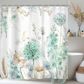Newsely Green Floral Hydrangea Shower Curtain 72Wx72H Inch Cute Butterfly Plants Farmhouse Watercolor Flower Wildflower Shower Curtain Bathroom Set for Women Waterproof Bath Accessories Home Decor