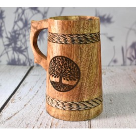 Indian beer mug for him-Viking Style 22 OZ Wooden beer mug- Drinking beer mug Natural Hardwood - Wedding & Birthday Gifts for Him (both side engraving one mango wood beer mug)