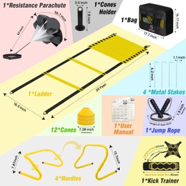 ZenCrest 11-in-1 Agility Ladder Speed Training Equipment Kit-20ft Soccer Ladder, 4 Adjustable Hurdles, Ball Kick Trainer, 12 Cones, Resistance Parachute and Carry Bag for Kids, Youth and Adults