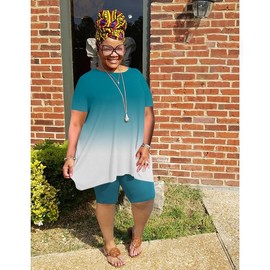 YeGine Women Plus Size 2 Piece Outfits Casual Short Sleeve Tunic Tops Shorts Sets Summer Oversized Tshirts Shorts Sweatsuits Green Gradient 2XL