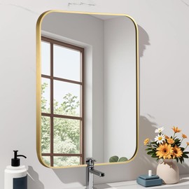 JENBELY Brushed Gold Mirror, 22"x30" Rectangle Bathroom Mirror, Metal Frame Rectangle Corner Vanity Mirror, Wall Mounted Mirror for Modern, Living Room, Bedroom, Horizontal Or Vertical