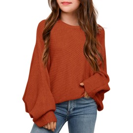 Mafulus Girl's Oversized Crewneck Fall Sweaters Kids Batwing Long Sleeve Slouchy Chunky Cute Pullover Jumper Shirts 5-14T Orange