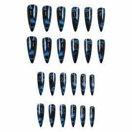 BABALAL Long Stiletto Press on Nails Almond Fake Nails Black Goth Acrylic Nails Supplies Blue Butterfly Y2k Glue on Nails Art 24Pcs Glossy Manicure Artificial Nails Full Cover False Nails