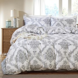 Cozaline 100% Cotton Duvet Cover Set Queen Size – Elegant Damask Print, Soft & Breathable Bedding with Zipper and Corner Ties, 3-Piece Reversible Comforter Cover Set